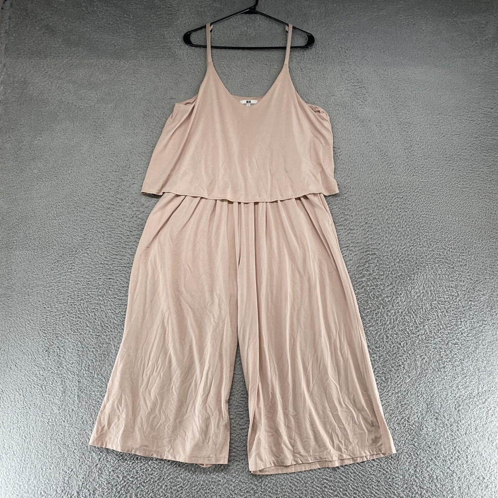 Uniqlo Jumpsuit Womens Large Beige Jersey Wide Leg Cropped Pink Layered Cami